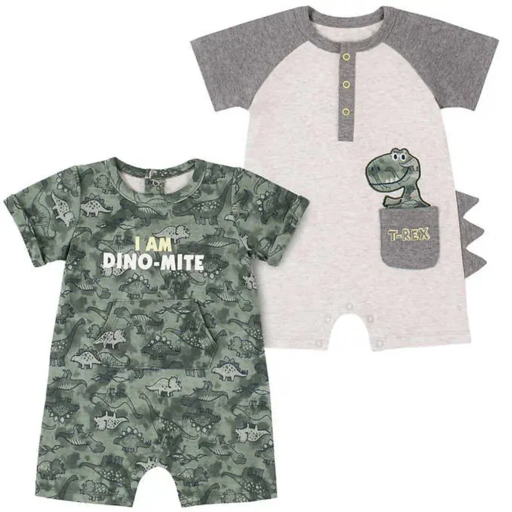 NWT Set of 2 Dinosaur-themed 100% Cotton Infant Rompers 18M